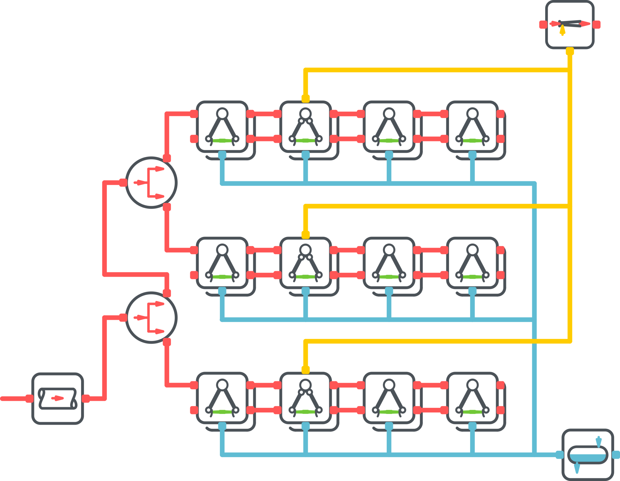 AEON component model of a three-row air-cooled condenser with steam, air and condensate connections